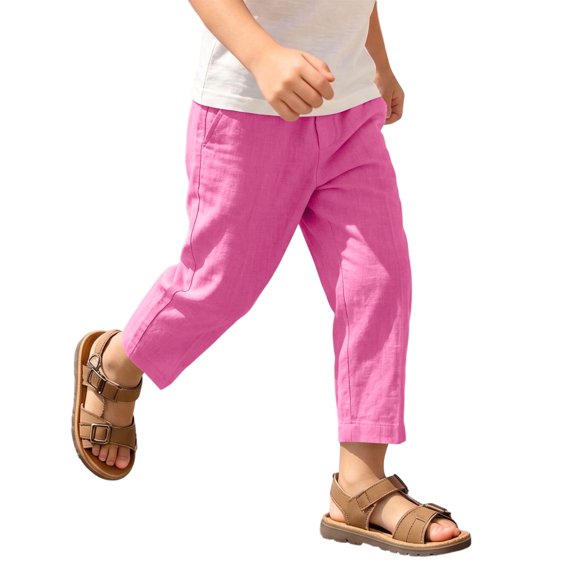 WRKEKC Boys and Girls Linen Pants Solid Color Loose Casual Pure Cotton Summer Breathable Trousers 4-15 Years