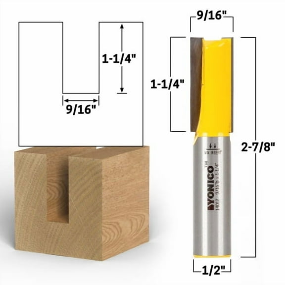 9/16" Diameter X 1-1/4" Height Straight Router Bit - 1/2" Shank - Yonico 14012