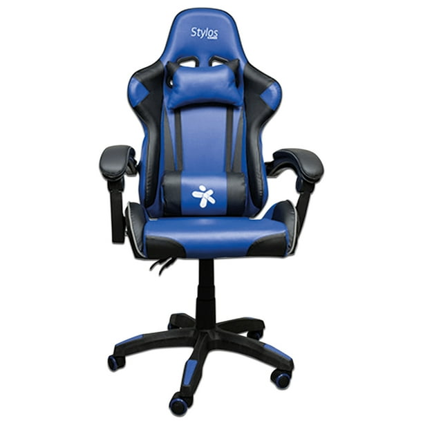 Silla Gamer Stylos SGSI02 Reclinable Cojín Lumbar y de Cuello Soporta hasta 110kg Color Azul