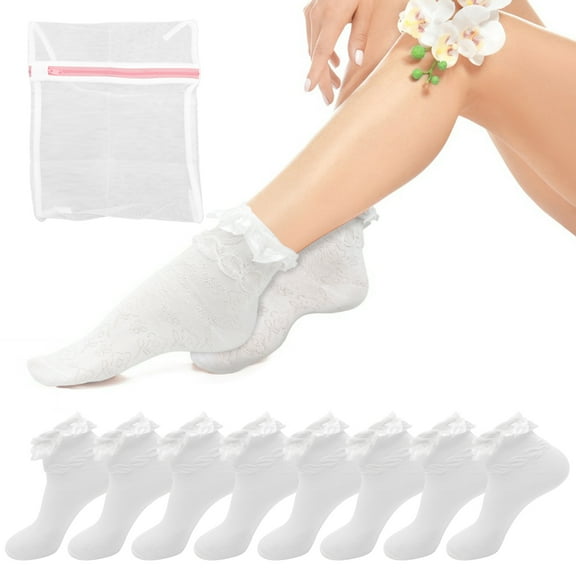 VEGCOO 8 Pairs Women's Lace Ruffle Crew Socks with Laundry Bag