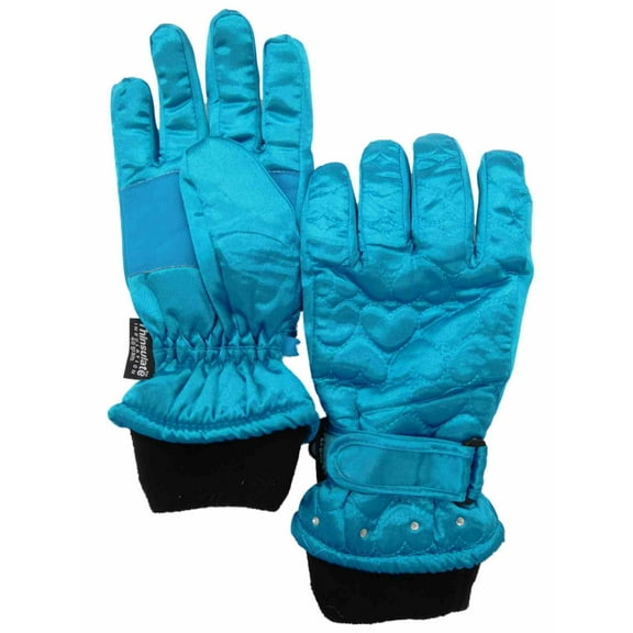 Girls Blue Hearts Snow & Ski Gloves Thinsulate Lined with Rhinestones