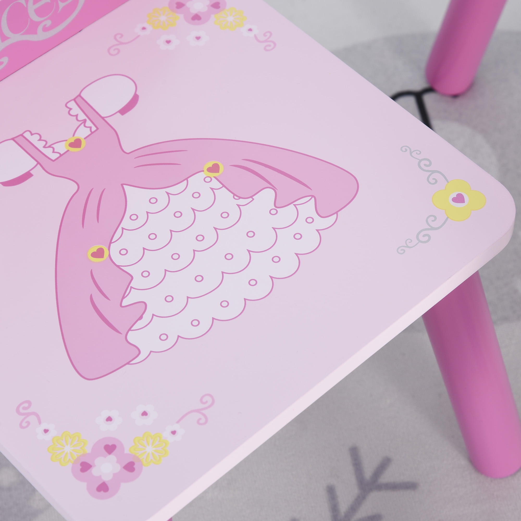 Qaba 3-Piece Kids Wooden Table and Chair Set with Crown Pattern Gift for Girls Toddlers Arts Reading Writing Age 2-4 Years Pink