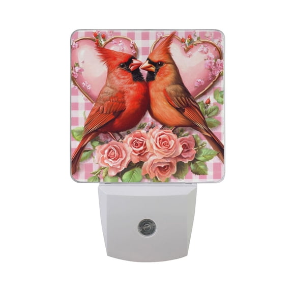 Red Birds Hearts Roses Plaids Valentine LED Night Light with Smart Sensor Plug Into Wall Dusk to Dawn 2 packs