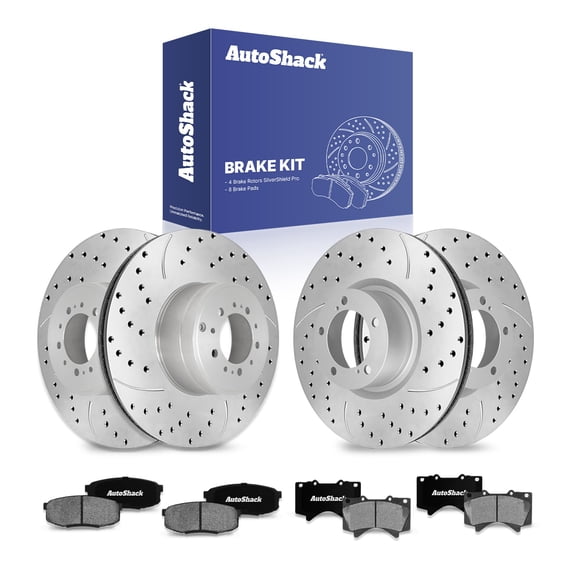 AutoShack Front & Rear Brake Rotors & Ceramic Pads for Toyota, Tundra 2007-2021 Sequoia 2008-2022, 4WD RWD V6 4.0L V8 4.6L 4.7L 5.7L - Silver Zinc Coated Drilled & Slotted - SilverShield Pro