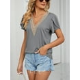 thumbnail image 3 of TEMOFON Women Tops Summer T-Shirts Casual Lace V Neck Petal Short Sleeve Tops Loose Fit Tunic Tops Dressy Ladies Tops Blouse Blue Gray, 3 of 4