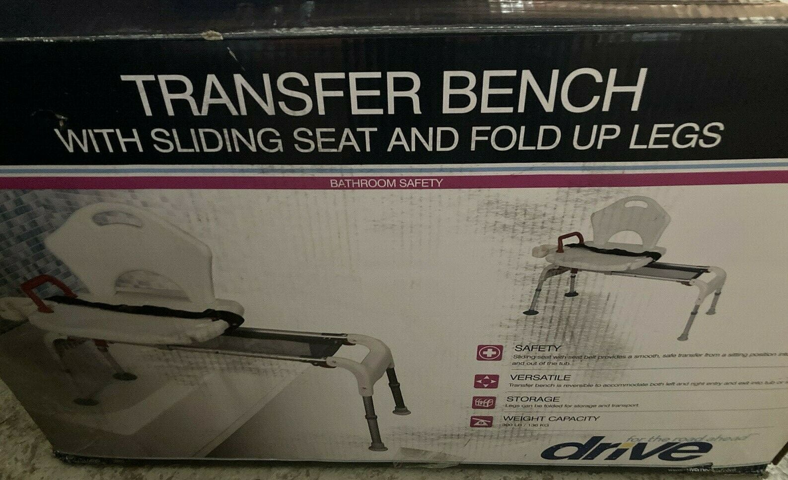 Drive Medical Folding Universal Sliding Transfer Bench, White. Model RTL12075