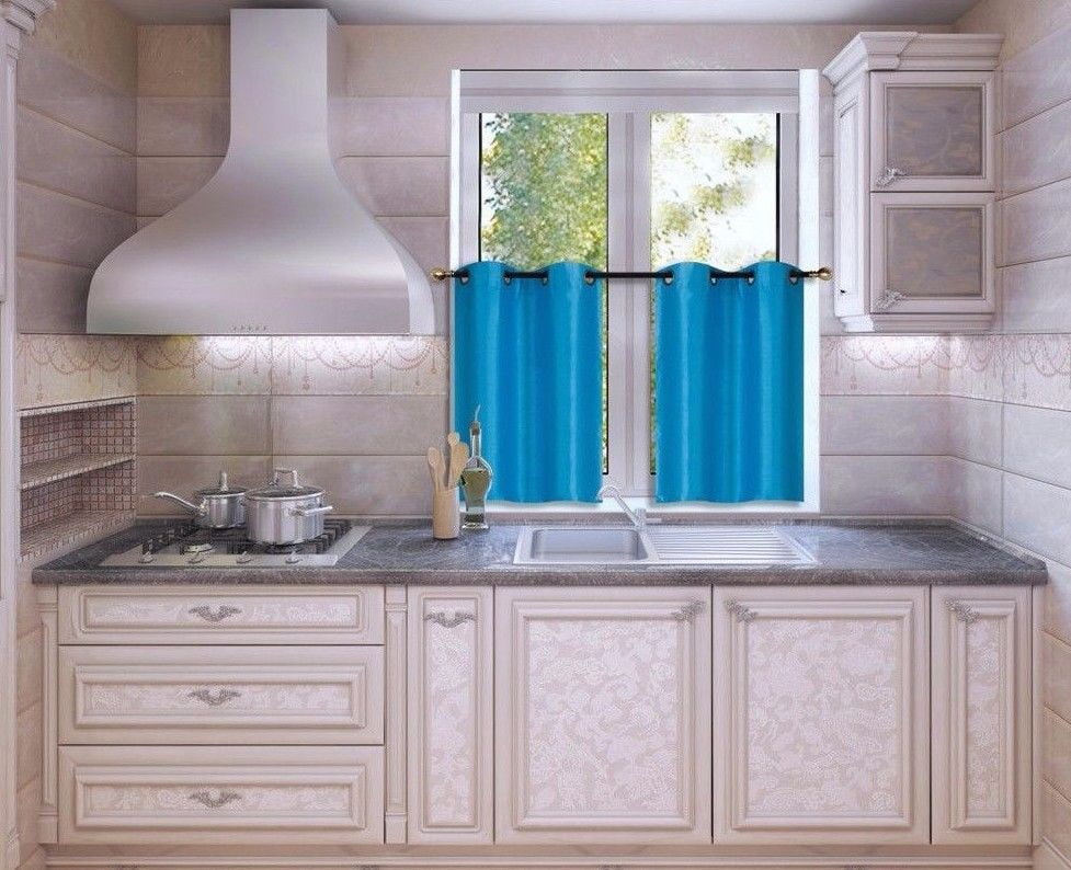 D24 Aqua Blue 2Piece Thermal Lined Kitchen Window Curtain Set, 2