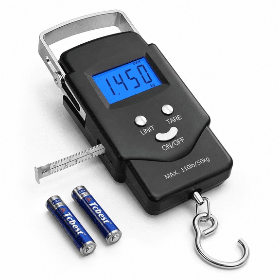 Digital Fish Scale - 110lb/50kg Backlit LCD Display Digital Scale with Built-in Measuring Tape - Fishing Scale with 2 AAA Batteries,Pocket Size - Fishing Gifts for Men