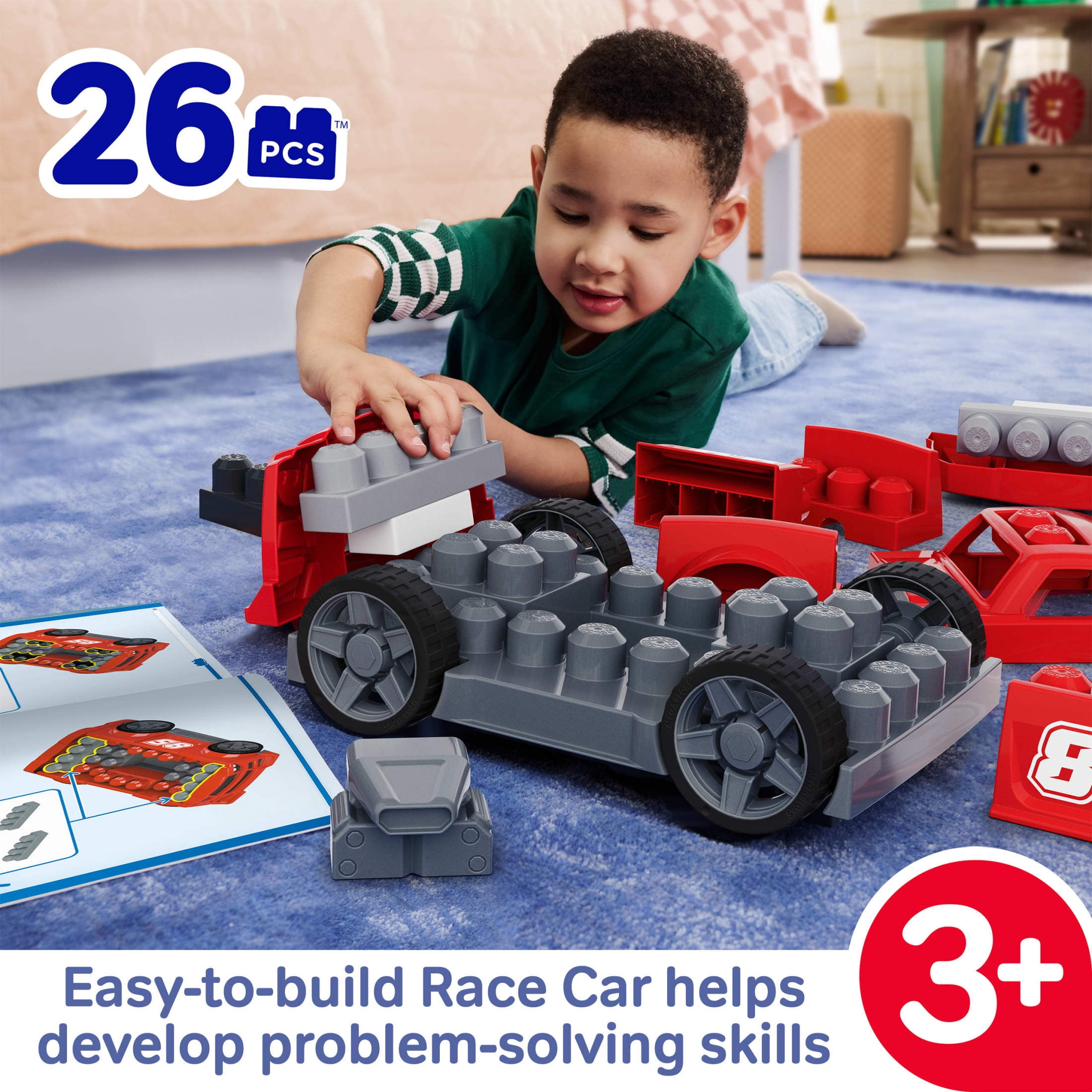 MEGA BLOKS Build & Go Race Car Building Block Toy with Rolling Wheels (26 Pieces) for Kids