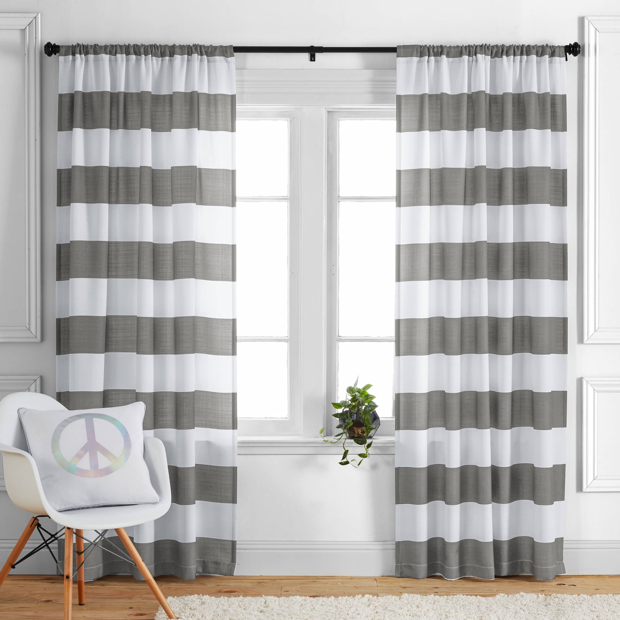 gray and white striped curtains