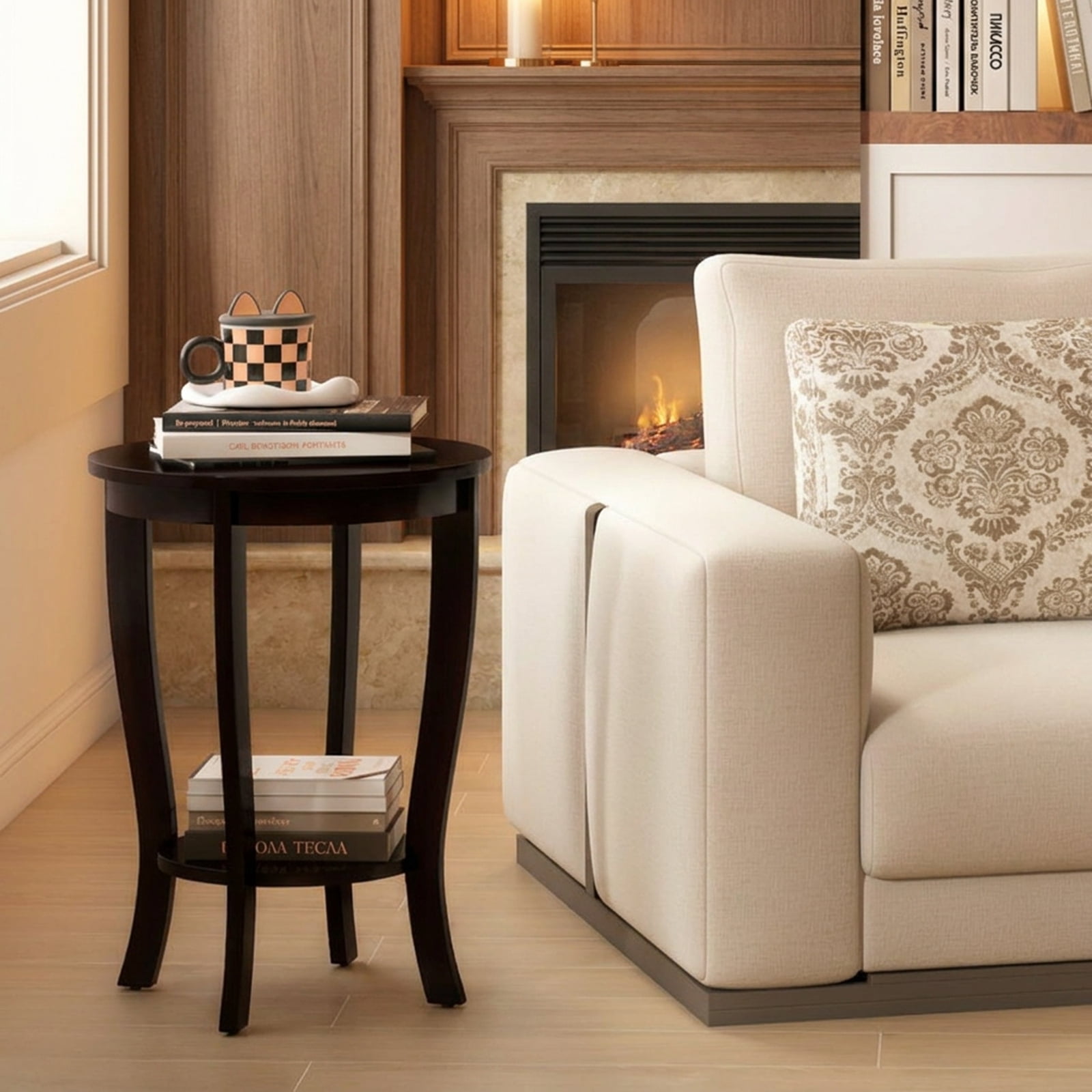 Furnibear 2-tier Round End Table with Solid Wood Legs for Living Room Bedroom Sofa Side Nightstand Small Spaces, Espresso