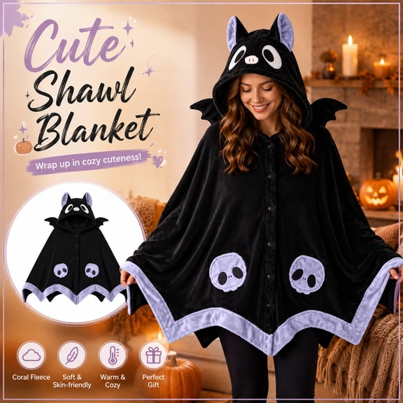 Cute Bats Blanket Hoodie, Wearable Bats Blanket Adult for Halloween Cosplay, Soft Hooded Bats Cape for Women,1Pc
