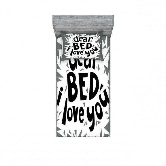 Saying Fitted Sheet & Pillow Sham Set, World Sleep Day Concept Dear Bed I Love You Text Funny Lettering, Decorative Printed 2 Piece Bedding Decor Set, Twin, Grey Black, by Ambesonne