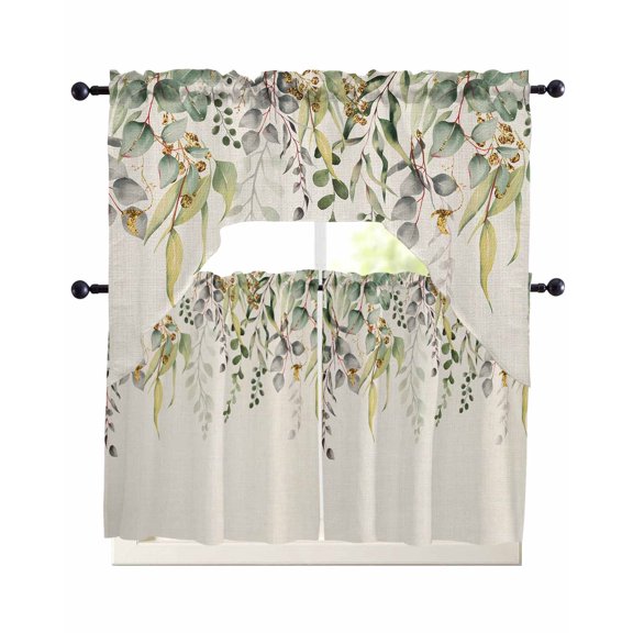 Eucalyptus Leaves Swag Curtains for Living Room/Bedroom Windows, Green Summer Botanical Rustic Kitchen Curtains and Valances Set 36 Inch Length, Light Filtering Swags Valance Curtain Panels