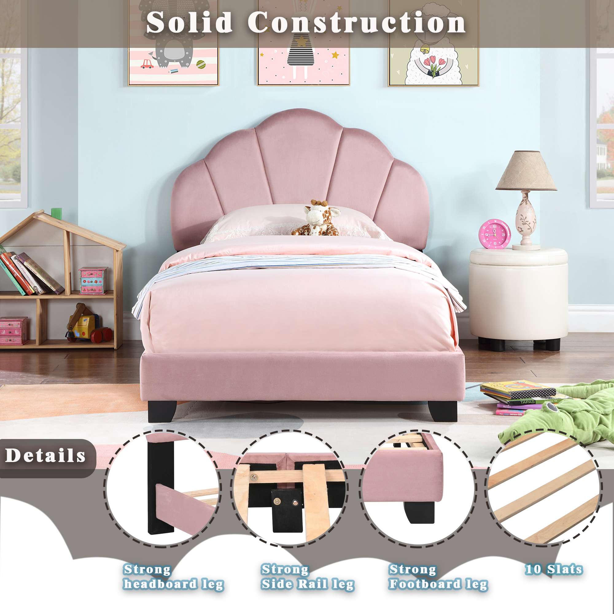 MAYEERTY Upholstered Twin Size Platform Bed – Shell Design Velvet Bed Frame for Kids, No Box Spring Needed, Pink