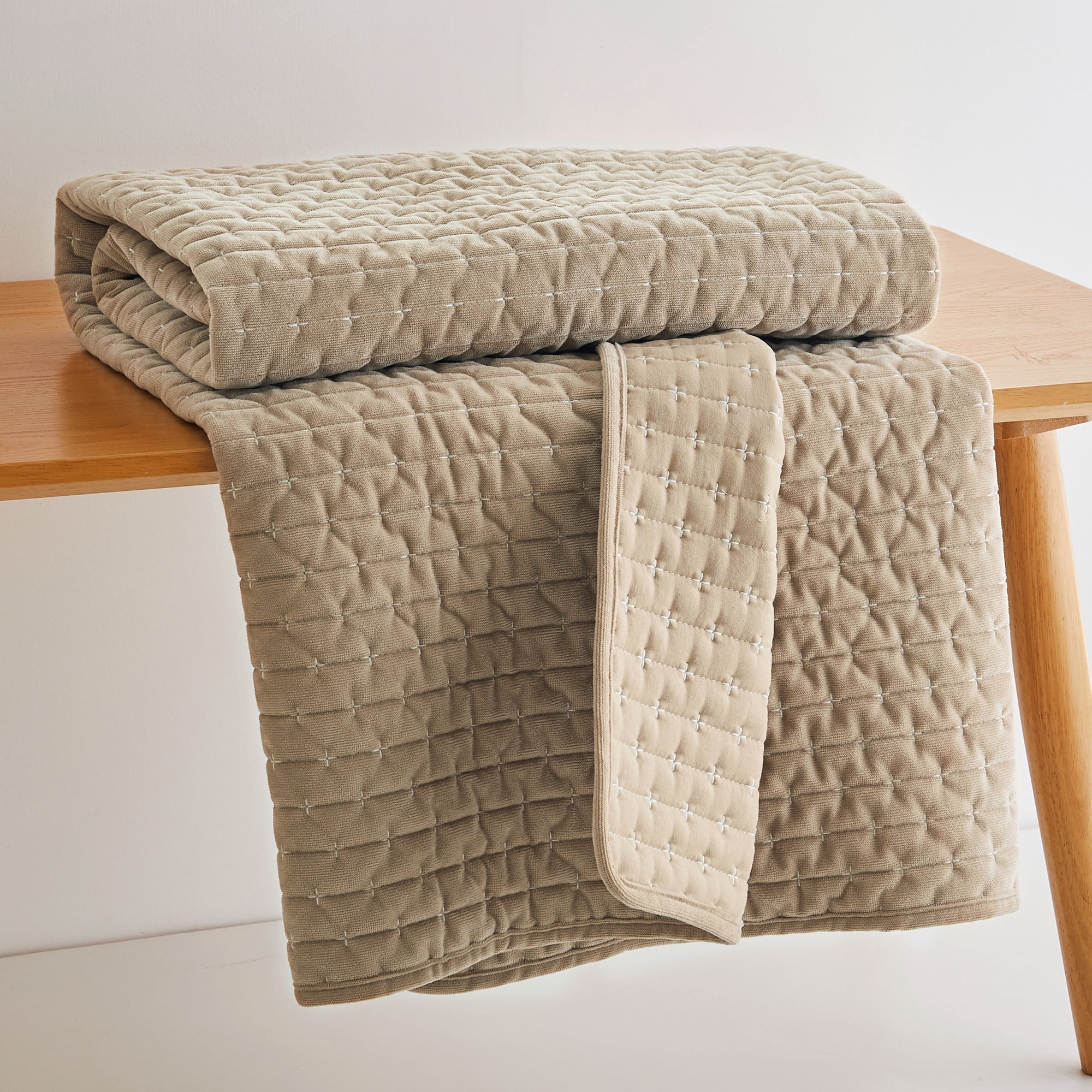 Levtex Home - Velvet Stitch - Throw - Cross Stitch Velvet - Taupe with White - Quilt (50x60in.) and Sham 50x60in. - Polyester