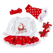Kids' $10 Under Baby Girls My 1st Christmas Outfit Newborn 4Pcs Santa Claus Print Bodysuit Headband Leg Warmer Shoes Set Save Big