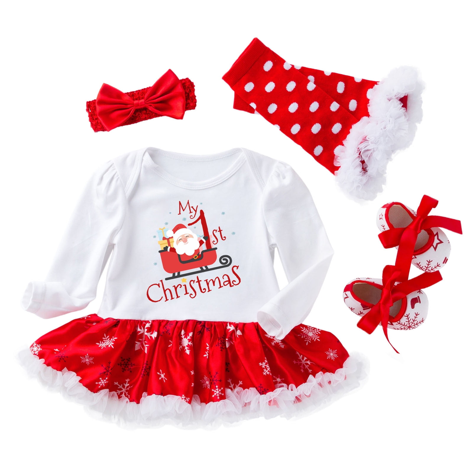 Kids' $10 Under Baby Girls My 1st Christmas Outfit Newborn 4Pcs Santa Claus Print Bodysuit Headband Leg Warmer Shoes Set Save Big