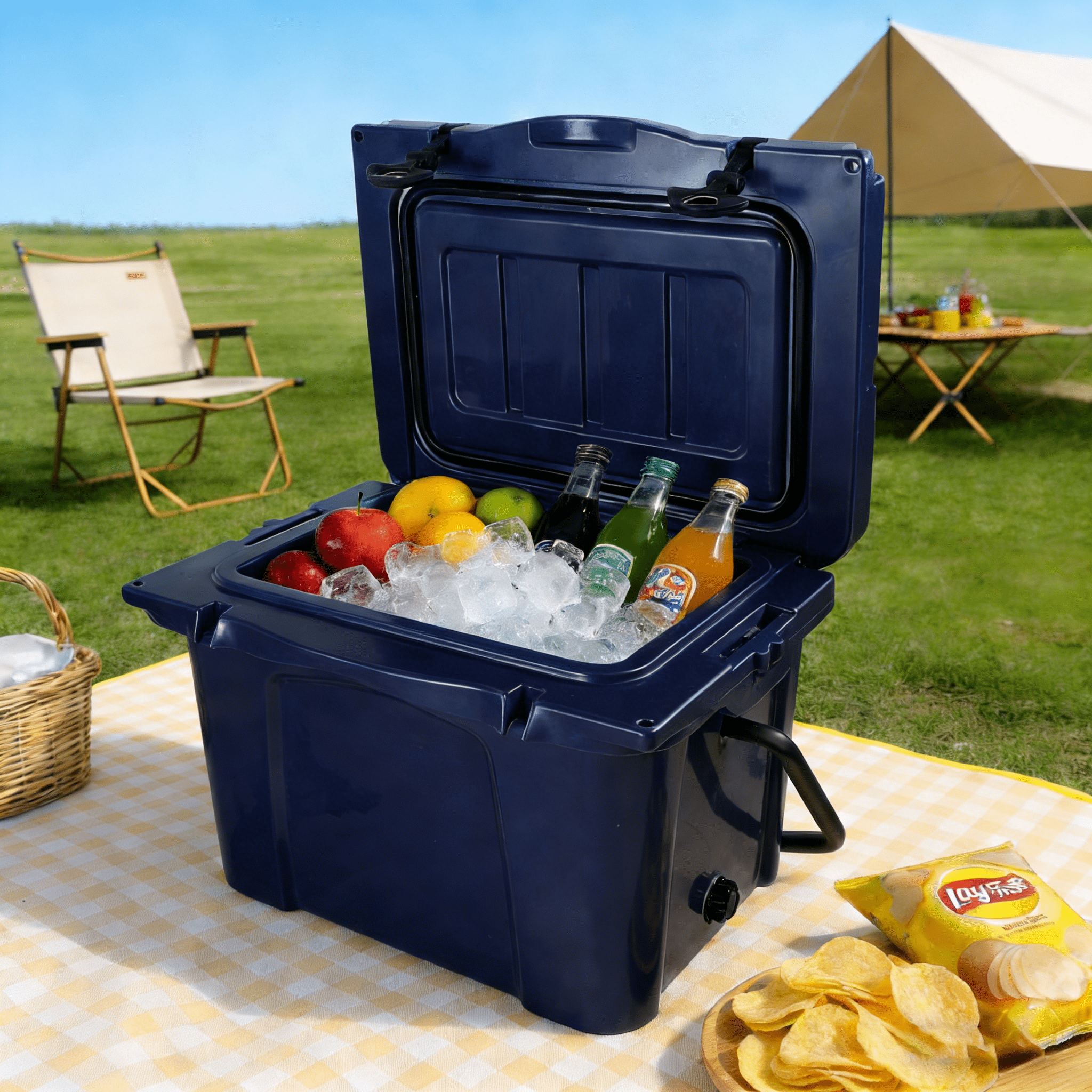 Portable Hard Cooler 25QT, Rotomolded Insulated Cooler Box with Bottle Opener, Heavy Duty Ice Chest with Cup Holder for Camping, Fishing, Beach, Tailgate, Blue