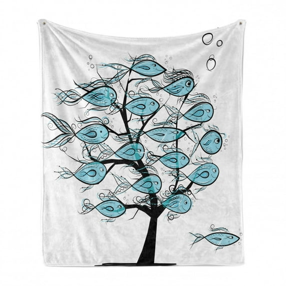 Fish Soft Flannel Fleece Throw Blanket, Life of Tree of Funny Fish on the Branches with Different Print, Cozy Plush for Indoor and Outdoor Use, 60" x 80", Blue and Black, by Ambesonne