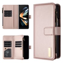 ELEHOLD for Samsung Galaxy Z Fold 6 Case, Soft Premium Flip Leather All-Around Coverage Card Slot Zipper Shockproof Protective Wallet Case for Women Men for Samsung Galaxy Z Fold 6,Gold