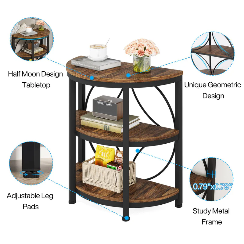 MAYEERTY 3-Tier Half-Round Side Table, Rustic Brown & Black Metal End Table