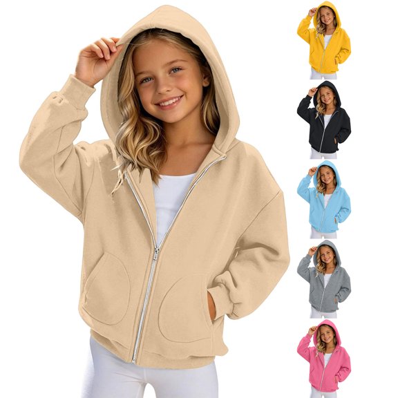HomeDM Unisex Full-Zip Hoodie Solid Color Long Sleeve Sweatshirt with Front Pockets for Boys and Girls