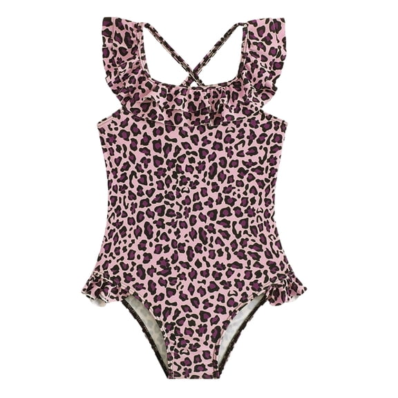 REDARER Girls Cute Leopard Bathing Suit One Piece Leopard Print Ruffle Trim Detail Crisscross Back Summer Beach Kids Swimwear,9-10 Years
