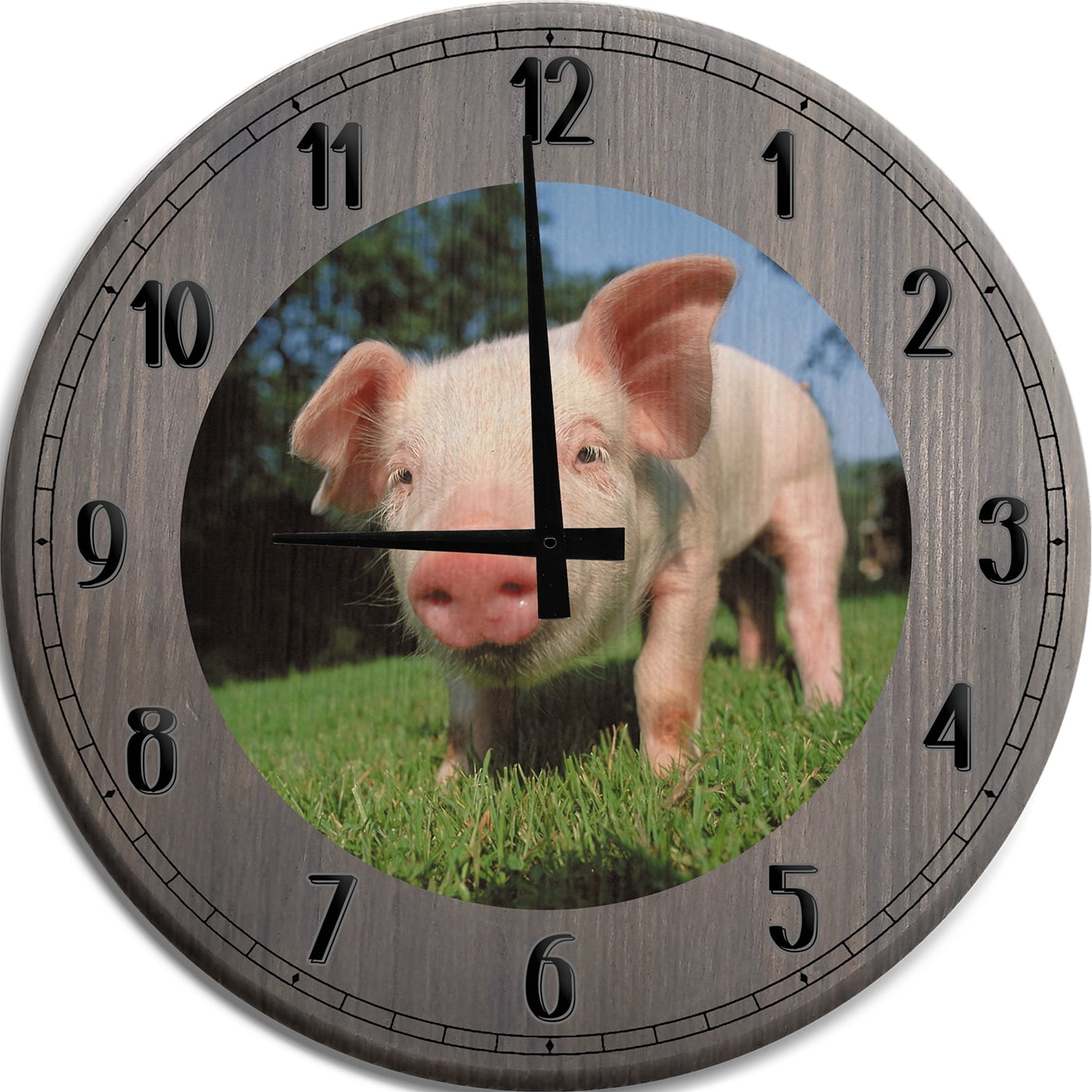 Large Wall Clock Cute Curious Litte Pig at the Farm Man Cave Wall Decor ...