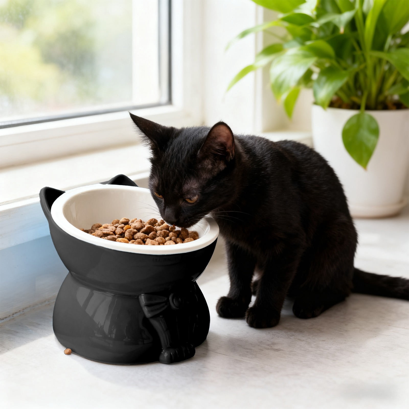 Elevated Raised Cat Bowl, 250ml Black Plastic Whisker-Friendly Non-Tip Cat Food & Water Bowl