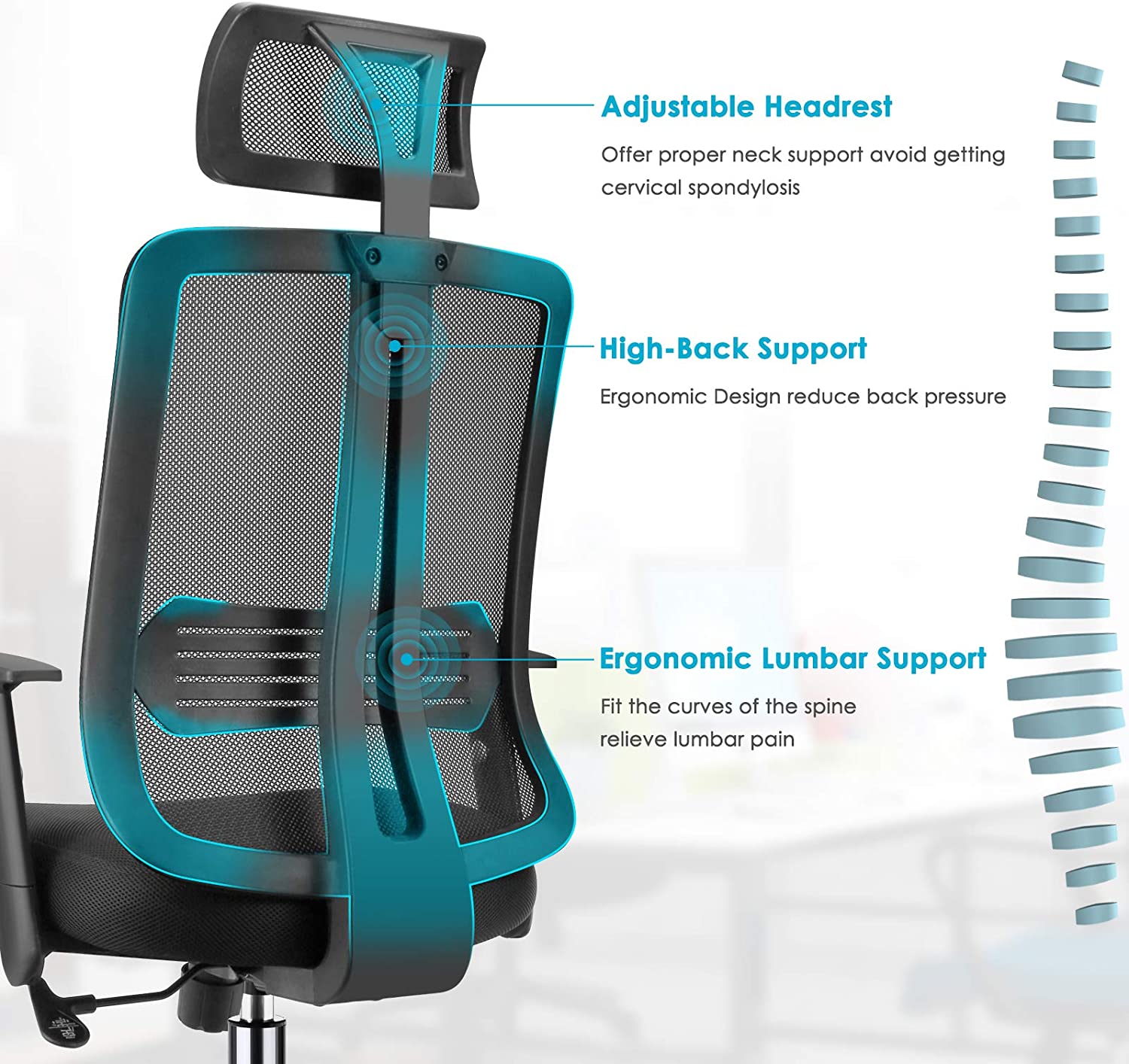 NewGen Ergonomic High Back Office Chair with Adjustable Arms, Headrest Support, S-Shaped Back, 3.2" Thicker Cushion, Back Tilt, Breathable Mesh, Durable Casters for Smooth Mobility. Stylish Black