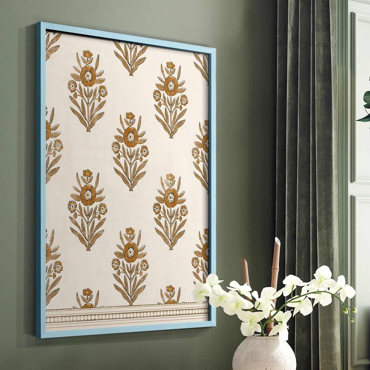 Block Print Blooms II Framed Print in Blue Solid Wood Framed Print No Nail Hanging