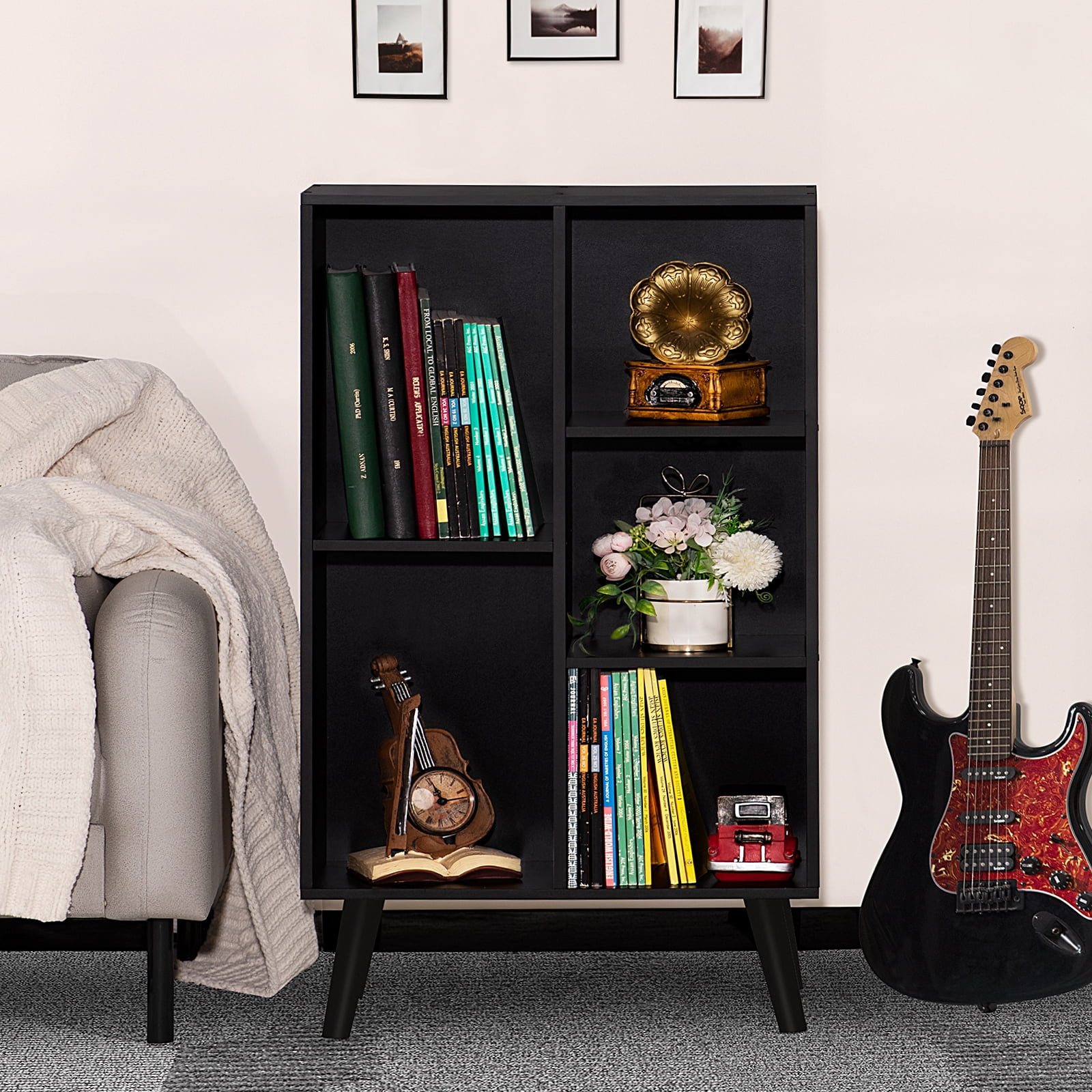 LELELINKY 5 Cube Open Shelf 5-Cube Storage Organizer Standard Wood Bookcase Bookshelf Wall Shelf 38" Tall Narrow Bookcase Display Stand Home Office, Black