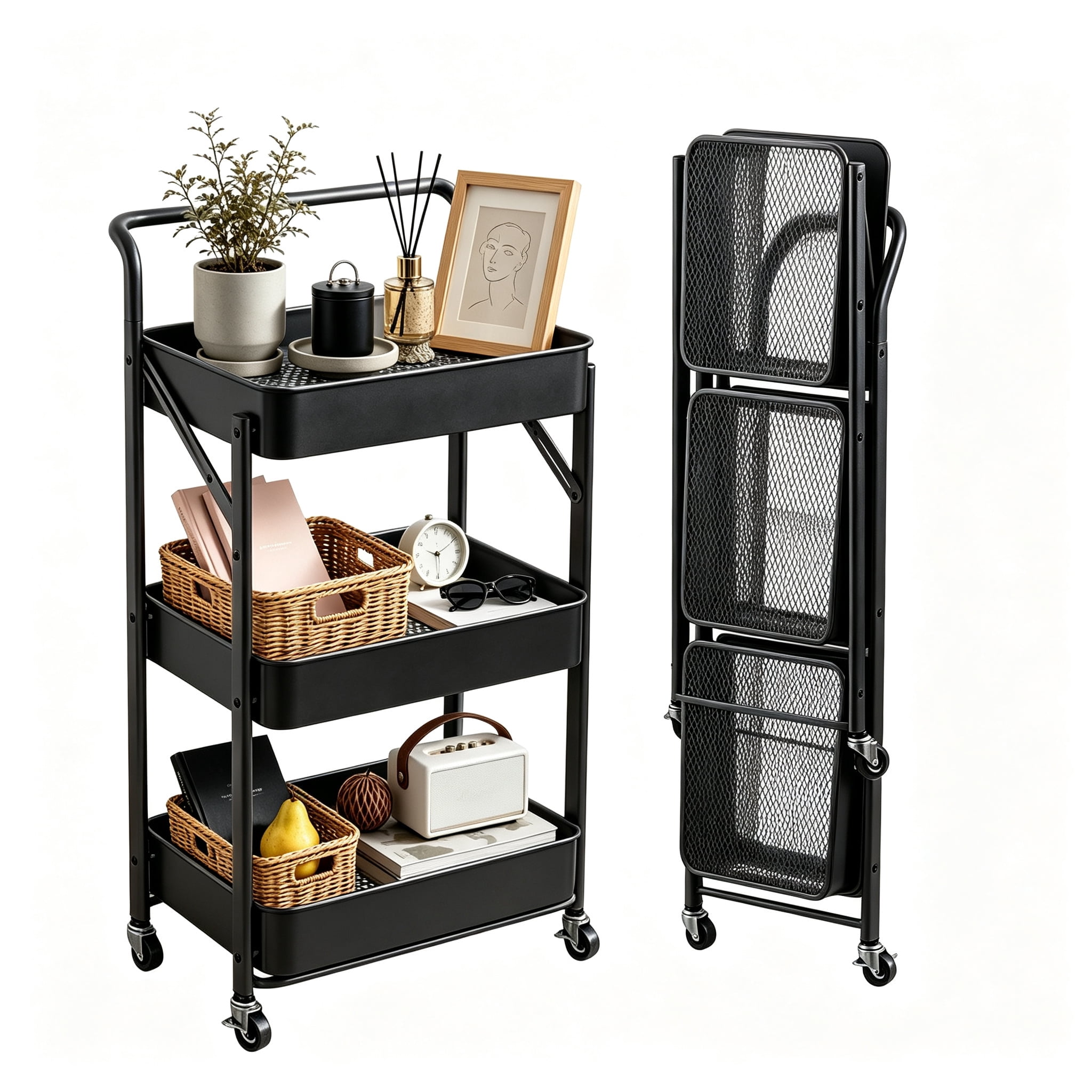 GARITIN 3 Tier Folding Rolling Cart, Folding Utility Cart with Lockable Wheels and Handle, Mobile Foldable Storage Cart Organizer for Kitchen, Bathroom, Office, Living Room, Black