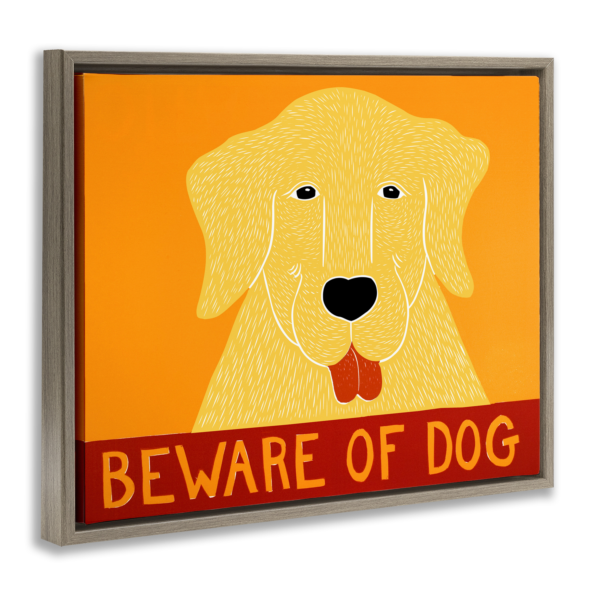 Beware Of Dog Yellow & Red Brown Framed Floater Canvas Wall Art, design by Stephen Huneck