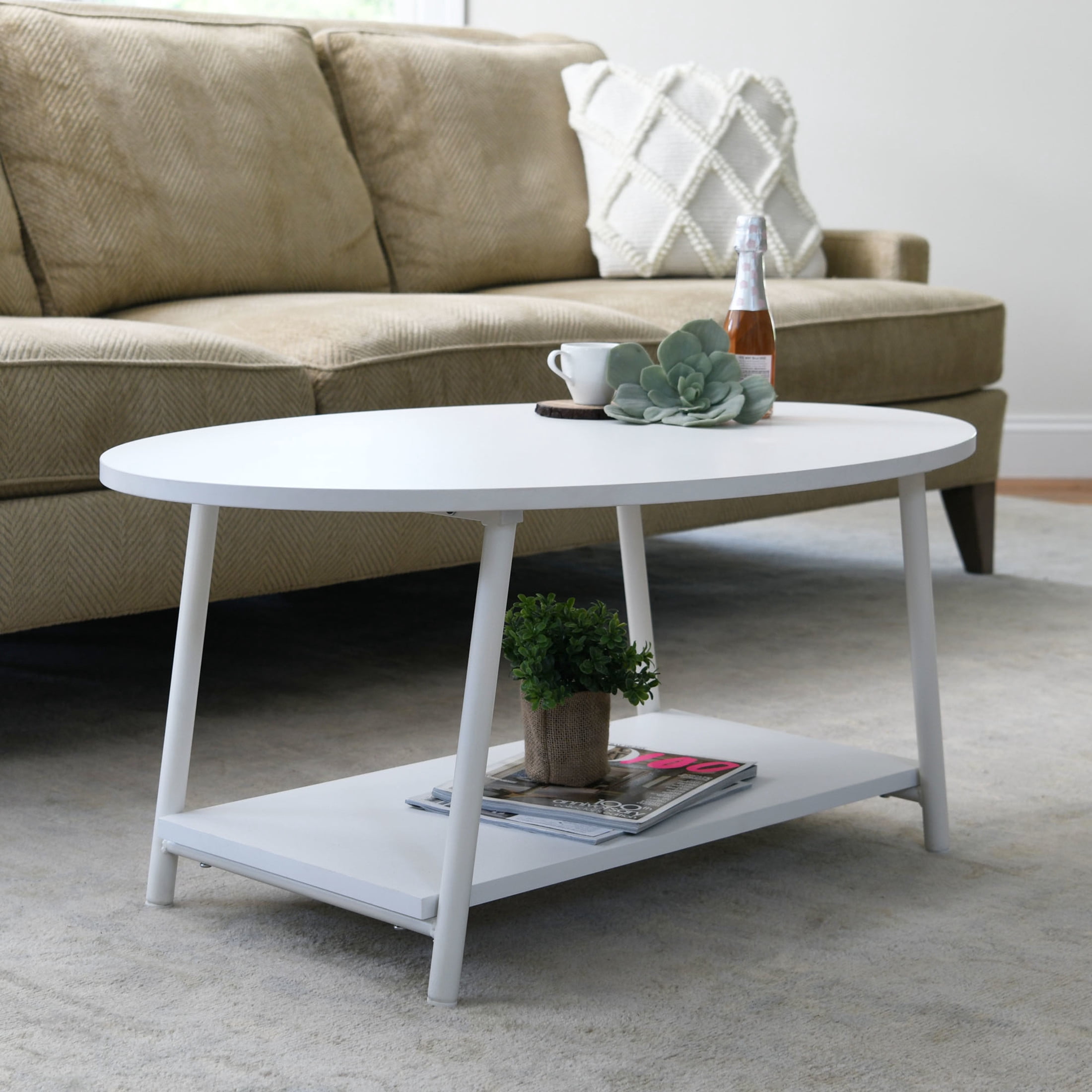 Household Essentials Oval Coffee Table with Lower Storage Shelf, Scandanavian White