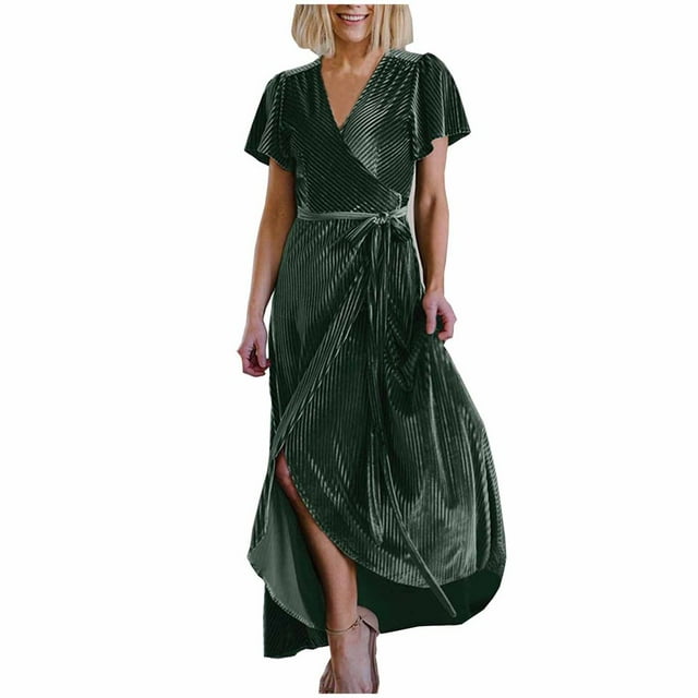 Robes Longues pour Femmes Col en V Manches Courtes Couleur Unie Robe Maxi Formelle de Soirée Robes de Retour à la Maison