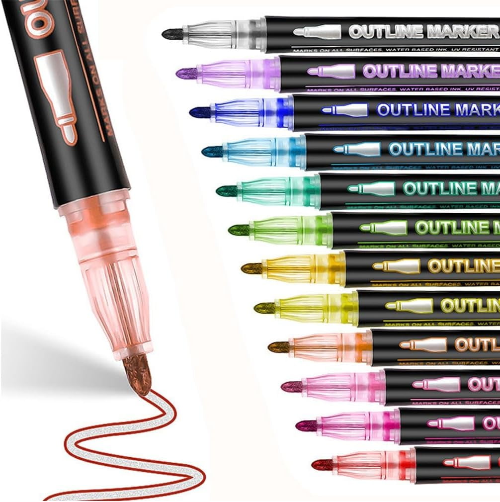 8/12/24/36/48 Colors Double Line Outline Art Pen Marker Pen Metallic Glitter Markers for Adults, Shimmer Dual-Line for Scrapbook Greeting Cards DIY Crafts Christmas Gifts