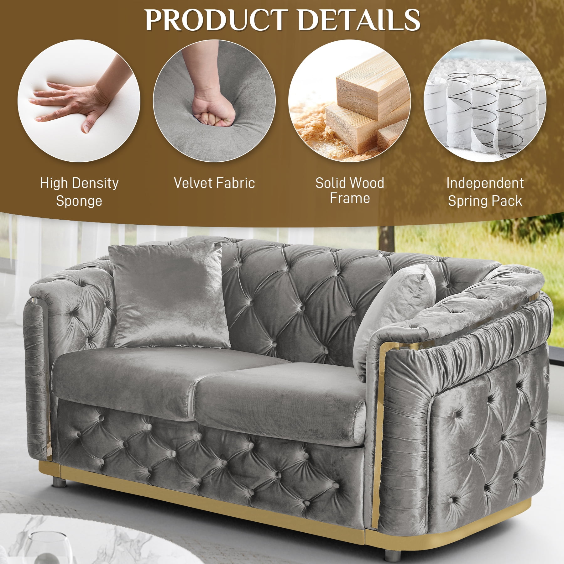 Wiilayok 62.6" Velvet Button Tufted Sofa, Mid-Century Classic Chesterfield Sofa Couch with Thick Backrest,Gold Stainless 2 Love Seat Couches for Living Room,Gray