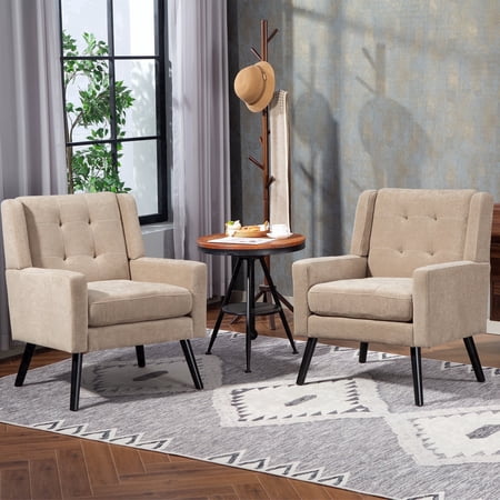 Wansaly Contemporary Adult Linen Button-Tufted Armchairs and Accent Chairs, Set of 2, Beige