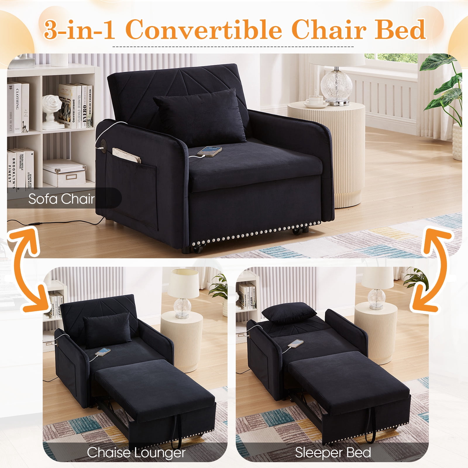 Lunale Convertible Sleeper Chair Bed, Indoor Lounge Chair with USB, Velvet Single Sofa Bed, Black