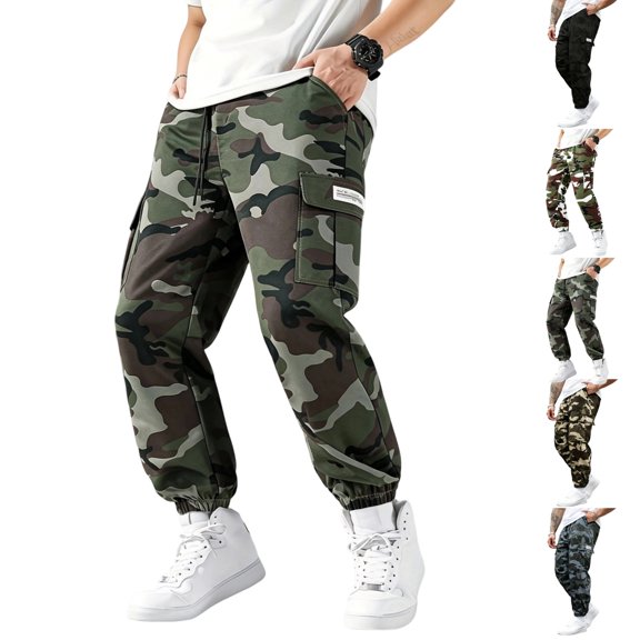 UDAUDU Men's Camo Cargo Pants Casual Jogger Baggy Pants Multi-Pockets Outdoor Workout Camouflage Joggers Army Green L