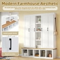 thumbnail image 4 of 63" Farmhouse Hall Tree with Bench and Shoe Storage, 4-in-1 Entryway Bench with 4 Storage Cabinets, 5 Shoe Cabinets and 6 Hanging Hooks, White, 4 of 9