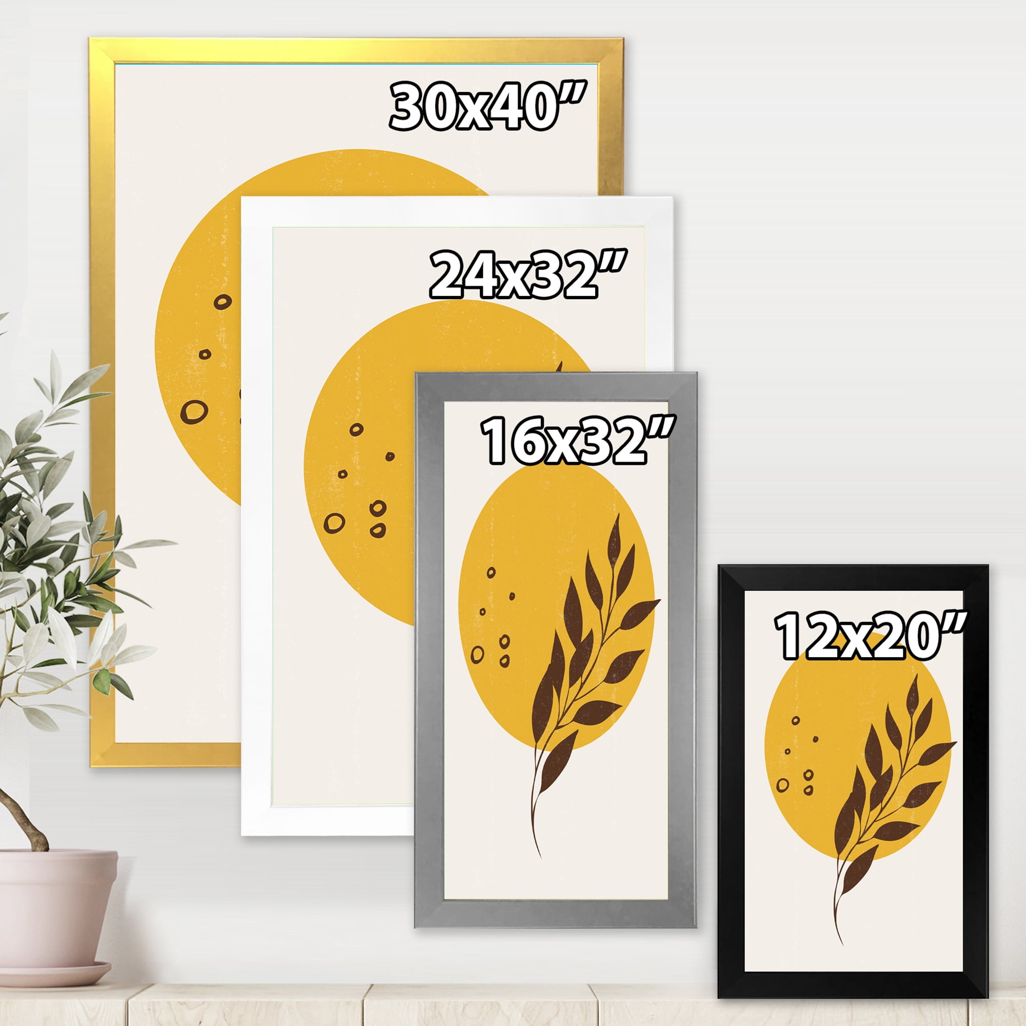 Designart 'Abstract Moon and Yellow Sun With Tropical Leaf II' Modern Framed Art Print
