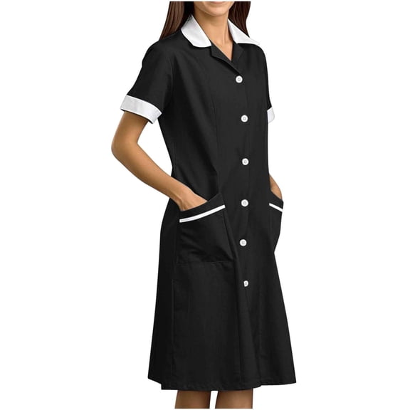 Xfvqtps Womens Nurse Dress with Pockets Button Short Sleeve Splicing Lapel Caregiver Work Dress Black