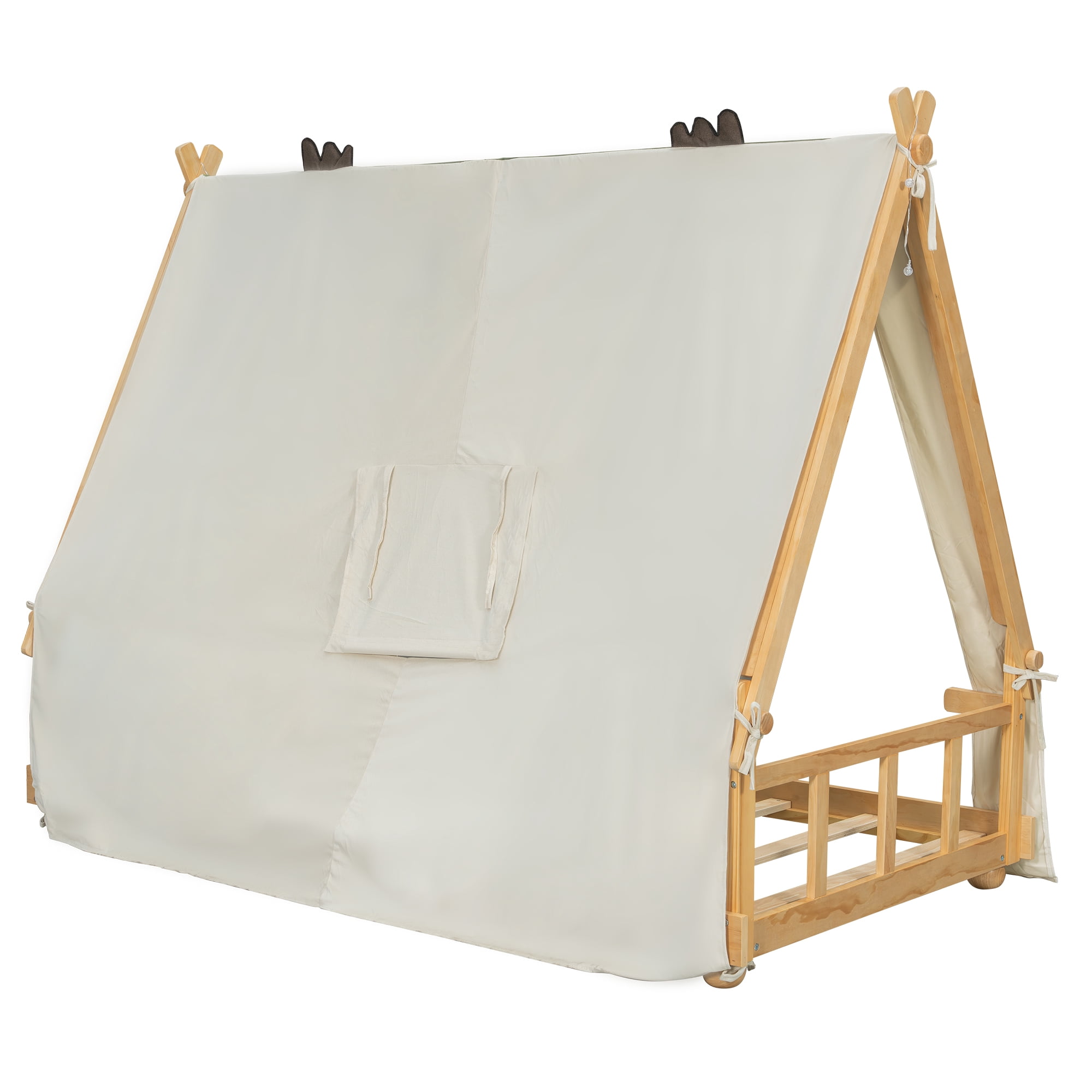 Mintazer Twin Teepee Tent Bed with LED Lights, Kids House Bed with Removable Canopy, Natural