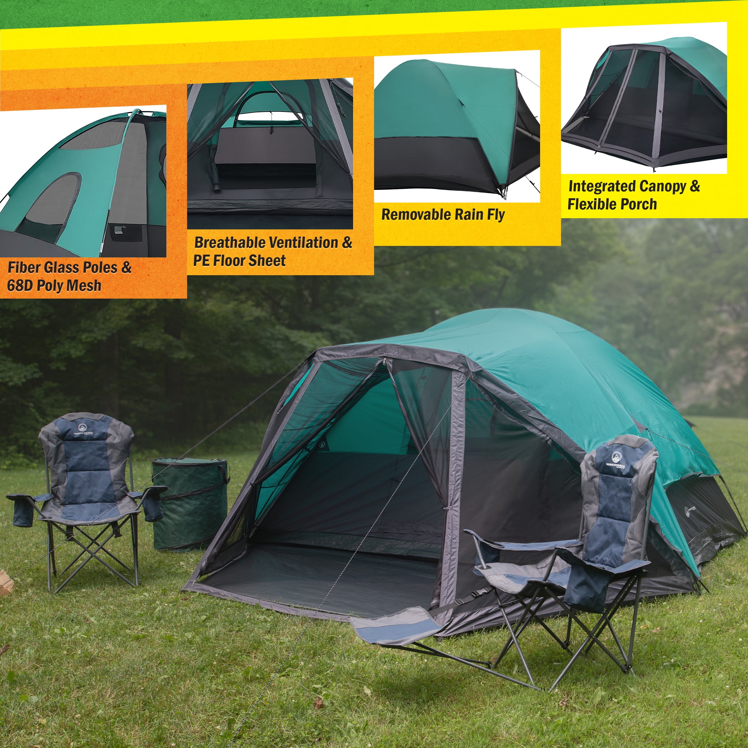 Wakeman Outdoors Cabin-Style 6 Person Camping Tent with Screen Room, Teal