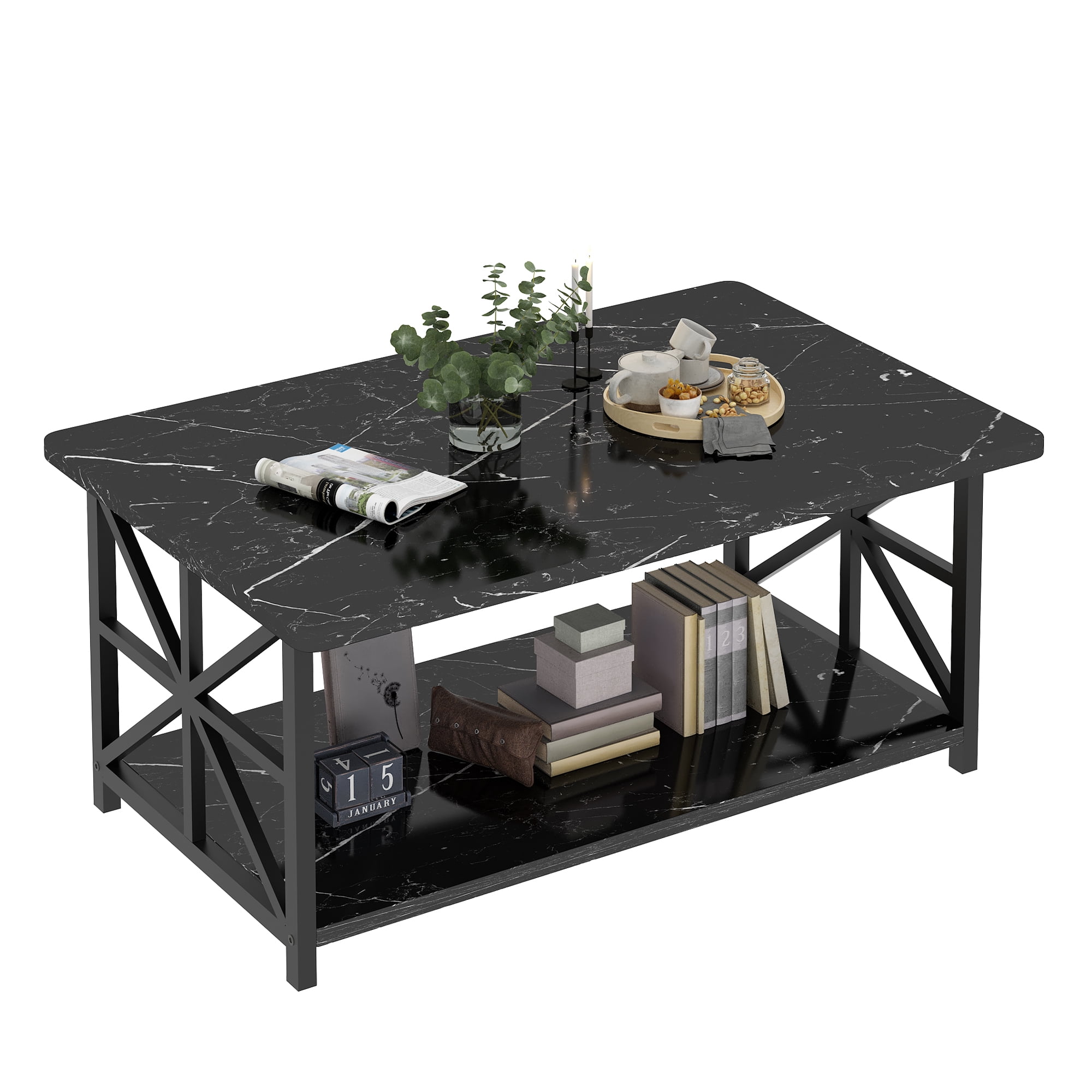 Baxluxe Rectangular Coffee Table with Storage Shelves, Faux Marble Tabletop Living Room Center Table, 2-Tier Storage Tea Table, Modern Coffee Table for Small Space, Home, Office, Black