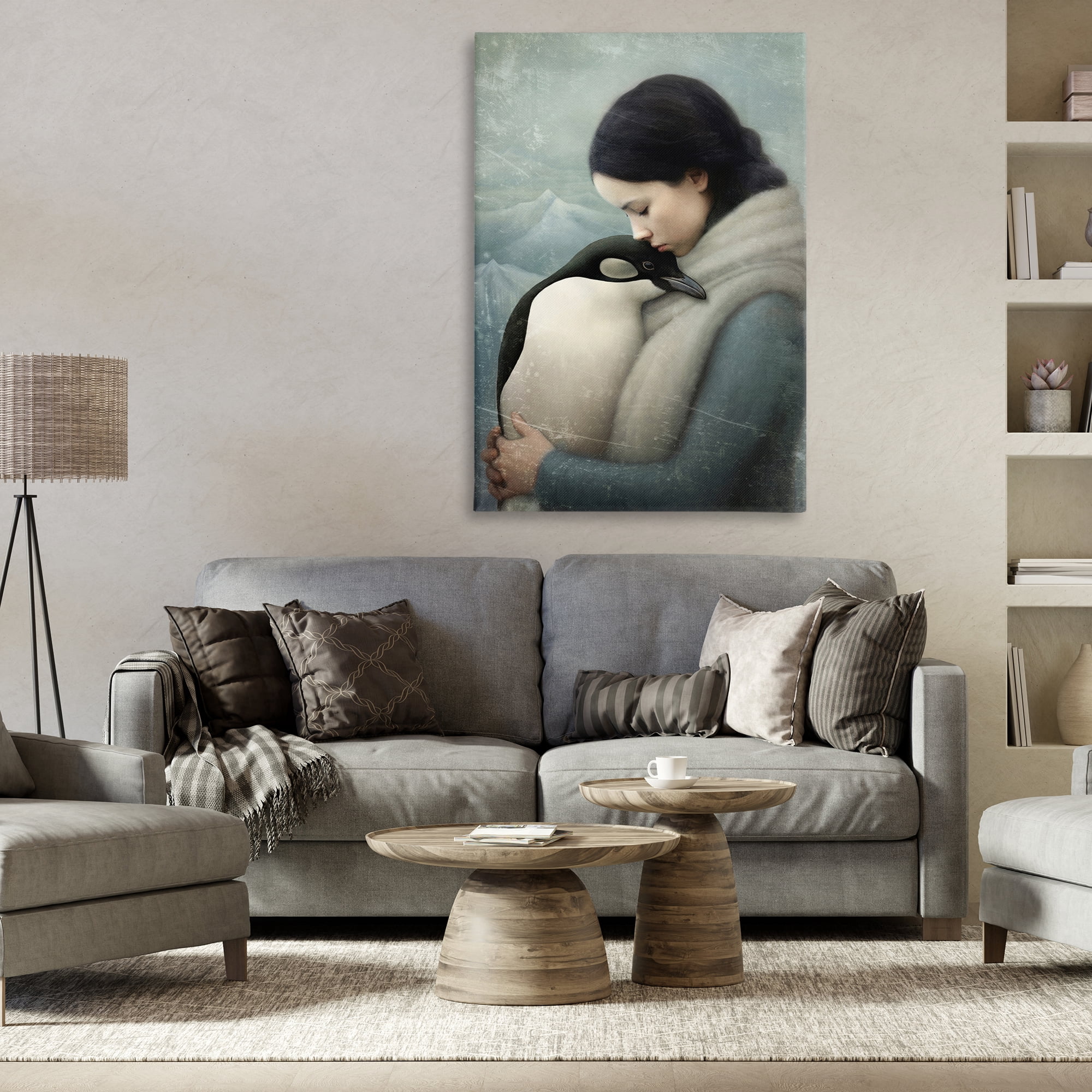 Stupell Industries Girl and Her Penguin People Painting Wrapped Canvas Art Print Wall Art, 30 x 45