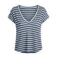 thumbnail image 5 of Feancey Womens Striped T Shirts Short Sleeve V Neck Summer Basic Tees Breathable Lightweight Cotton T-Shirt Dressy Casual Going Out Tops Navy S, 5 of 8